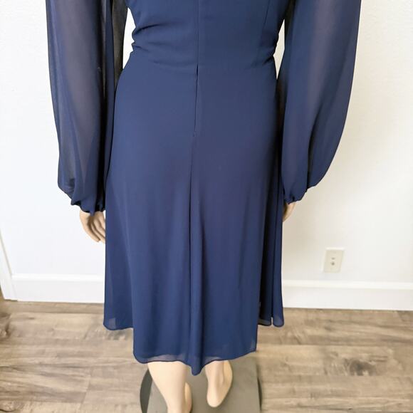 [Marina] Navy Blue Chiffon V-Neck Faux Wrap Brooch Balloon Sleeve Midi Dress 12 - Picture 6 of 11